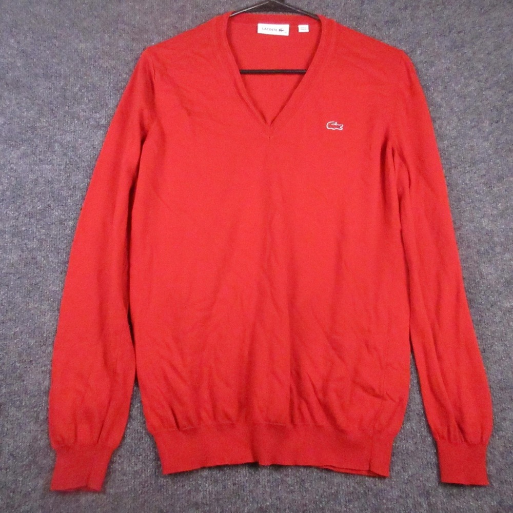 Lacoste Sweater Mens Small Red Cotton V Neck Logo Pullover Lightweight Knit